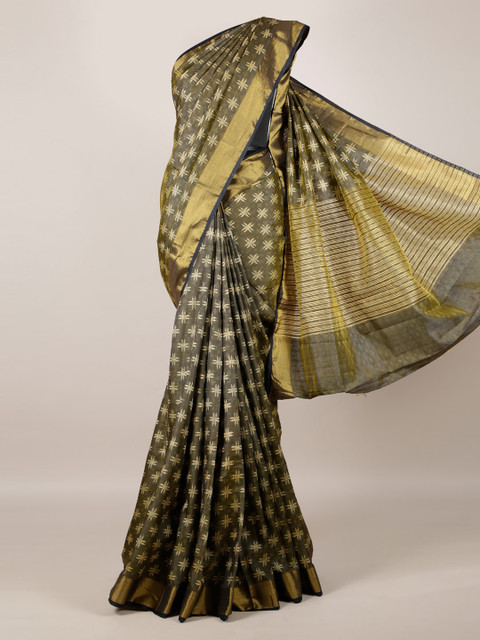 

Pothys Grey & Gold-Toned Jute Silk Printed Saree with Zari Border