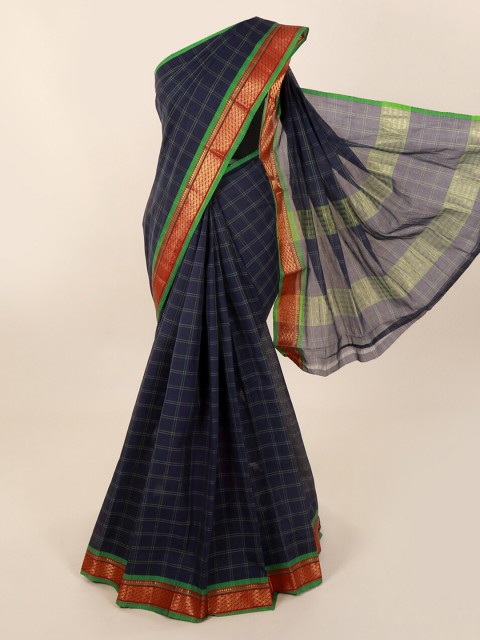 

Pothys Navy Blue & Gold-Toned Pure Cotton Checked Saree