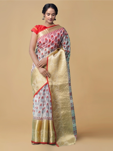 

Unnati Silks Cream-Coloured Organza Printed Chanderi Saree