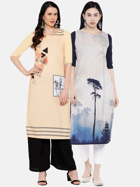 

7Threads Women Multicoloured Printed Straight Kurta Pack Of 2, Multi