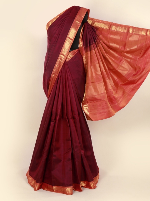 

Pothys Maroon & Gold-Toned Pure Silk Solid Kanjeevaram Saree