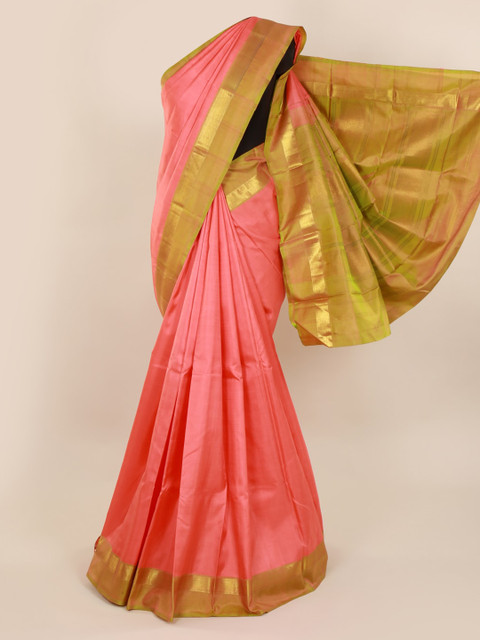 

Pothys Peach-Coloured & Mustard Pure Silk Solid Kanjeevaram Saree