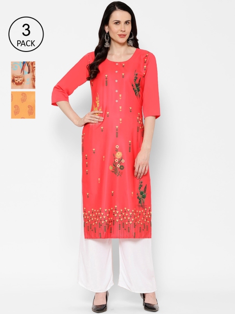 

7Threads Women Multicoloured Printed Straight Kurta Pack of 3, Multi