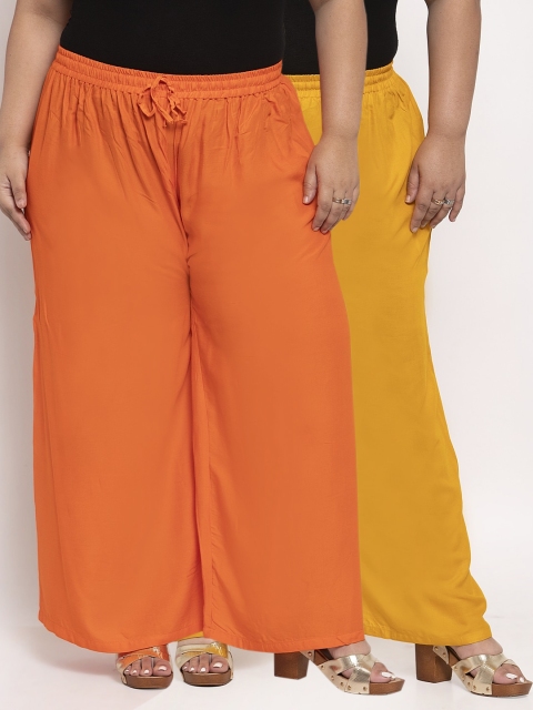 

TAG 7 PLUS Women Mustard Yellow & Orange Pack of 2 Solid Flared Palazzos