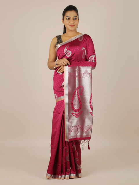 

Pothys Magenta & Silver-Toned Art Silk Woven Design Saree