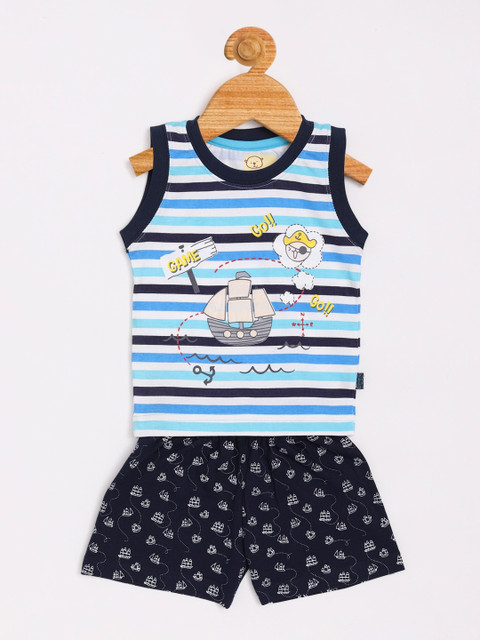 

Olio Kids Boys Navy Blue & White Striped T-shirt with Shorts