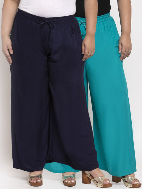 

TAG 7 PLUS Women Navy Blue & Teal Blue Pack of 2 Solid Flared Palazzos