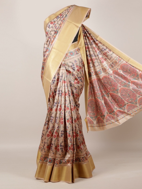 

Pothys Peach-Coloured & Gold-Toned Jute Silk Printed Saree with Zari Border