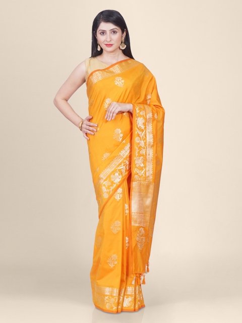 

Kasat Orange & Silver-Toned Silk Cotton Woven Design Banarasi Saree