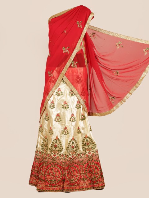 

Pothys Red & Cream-Coloured Poly Chiffon Embroidered Lehenga Half Saree