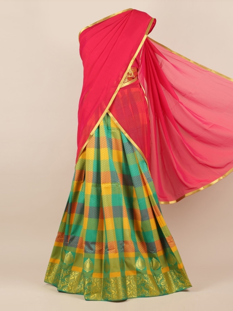 

Pothys Pink & Green Poly Chiffon Checked Traditional Half Saree