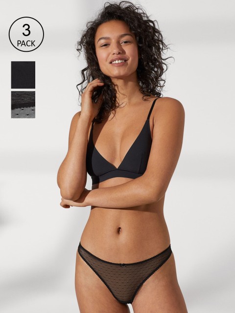 

H&M Women Black Solid 3 Pack Thong Briefs 0943230001