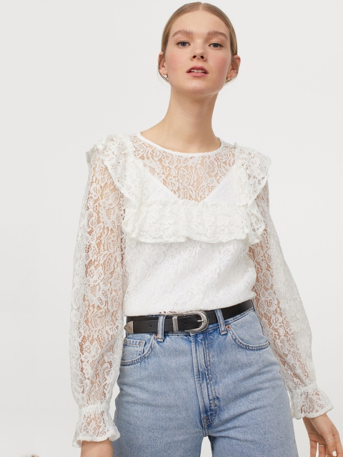 

H&M Women White Self Design Bell Sleeve Lace Blouse