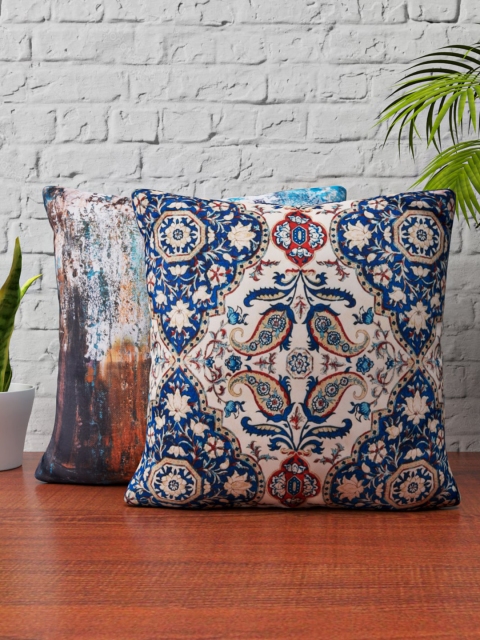 

SHIVANAA HOMES Cream-Coloured & Blue Set of 2 Ethnic Motifs Square Cushion Covers
