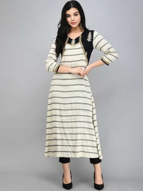 

Myshka Women Off-White & Grey Striped A-Line Kurta