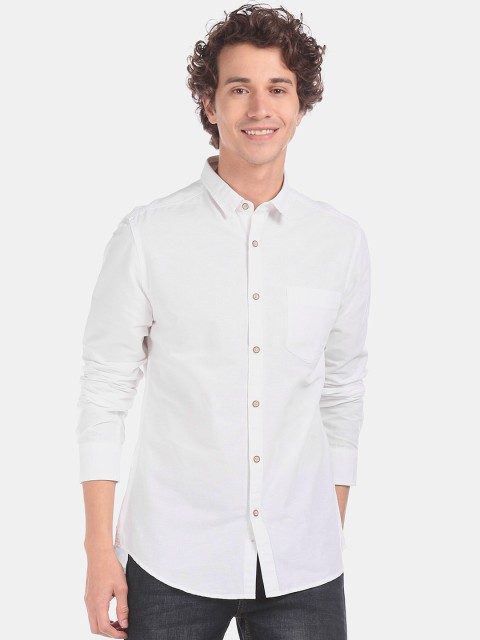Flying Machine Men White Regular Fit Solid Cotton Casual Shirt
