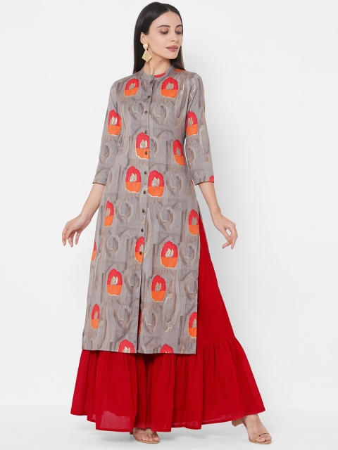 

FASHOR Women Grey Geometric Printed Thread Work Kurta