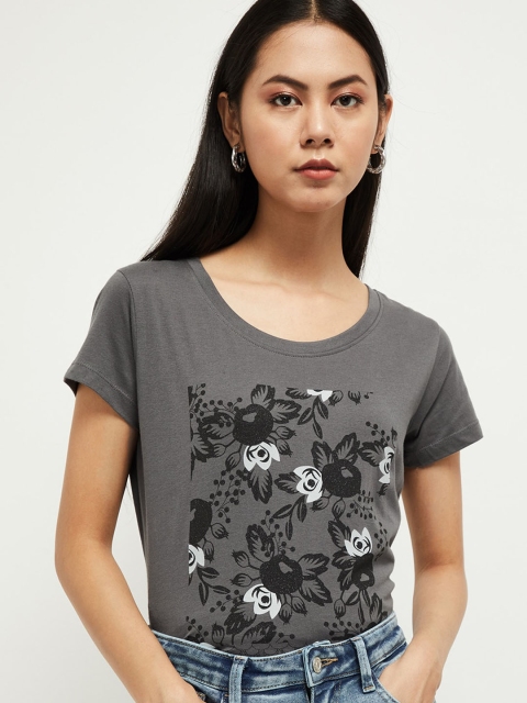 

max Women Grey Printed Round Neck Pure Cotton T-shirt