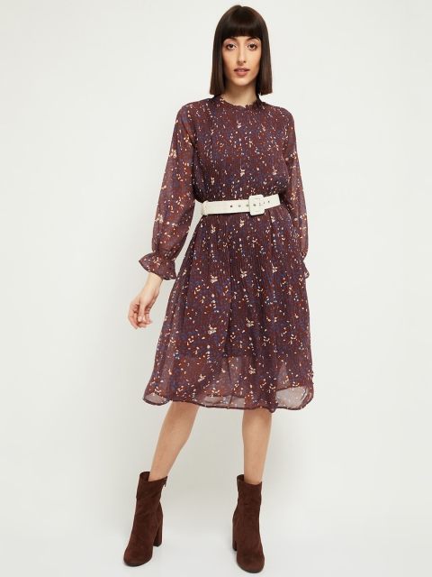 

max Women Maroon & Blue Printed Fit and Flare Dress