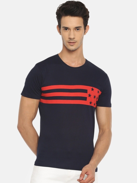 

Braveo Men Navy Blue Striped Round Neck T-shirt