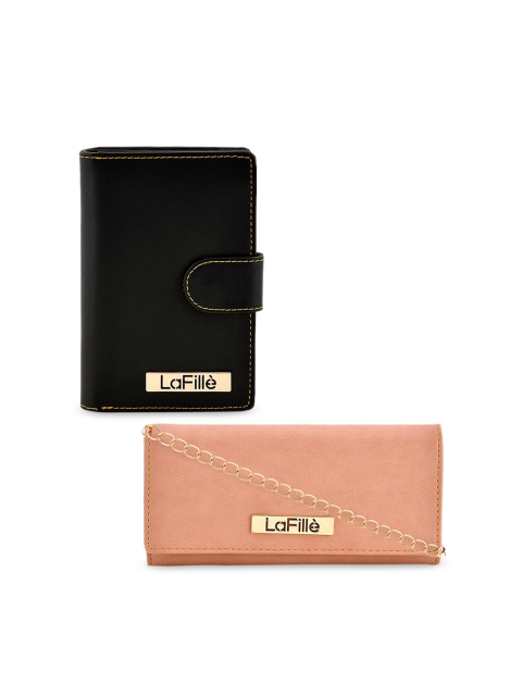 

LaFille Women Pack Of 2 Black & Peach-Coloured Solid Two Fold Wallet
