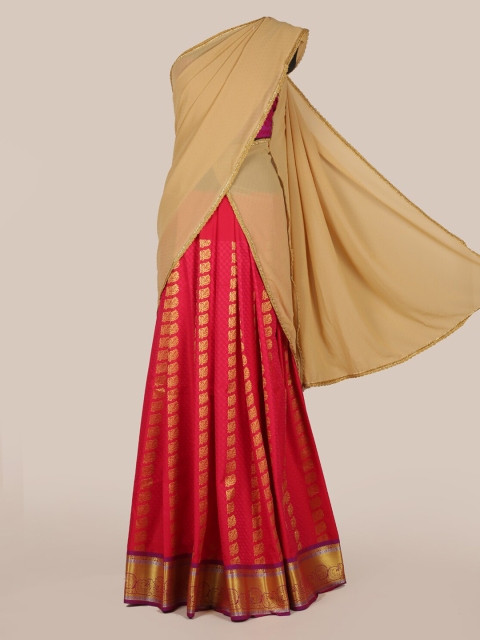 

Pothys Beige & Magenta Poly Chiffon Woven Design Lehenga Half Saree