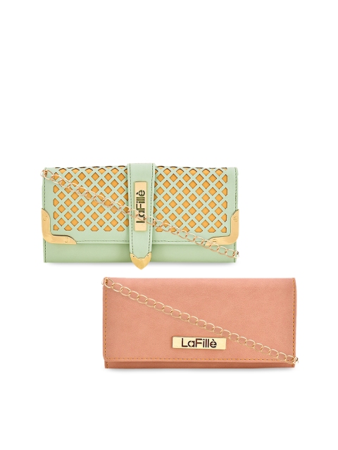 

LaFille Women Pack Of 2 Green & Peach-Coloured Solid Envelope Wallet