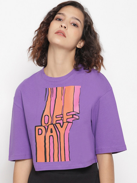 

LA LOFT Women Purple Printed Pure Cotton Boxy Top