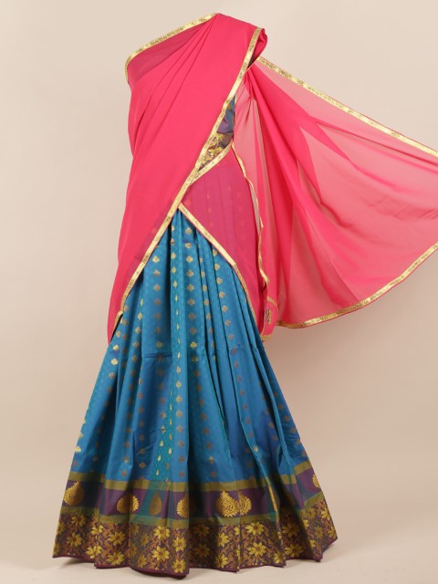 

Pothys Pink & Blue Poly Chiffon Woven Design Half Saree
