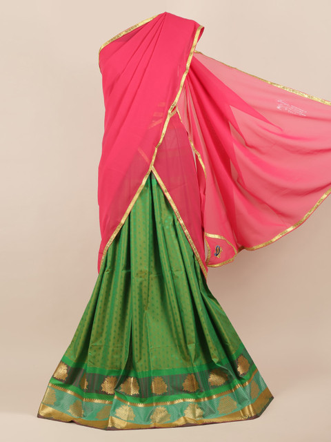 

Pothys Pink & Green Poly Chiffon Woven Design Half Saree