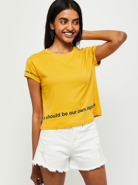 

max Women Yellow Printed Round Neck Cotton Pure Cotton T-shirt