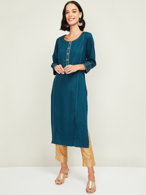 

Melange by Lifestyle Women Teal Blue Solid Straight Kurta