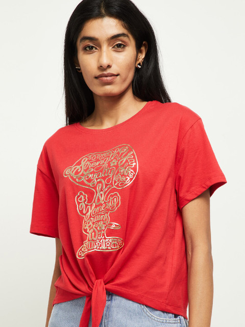 

max Women Red Printed Round Neck T-shirt