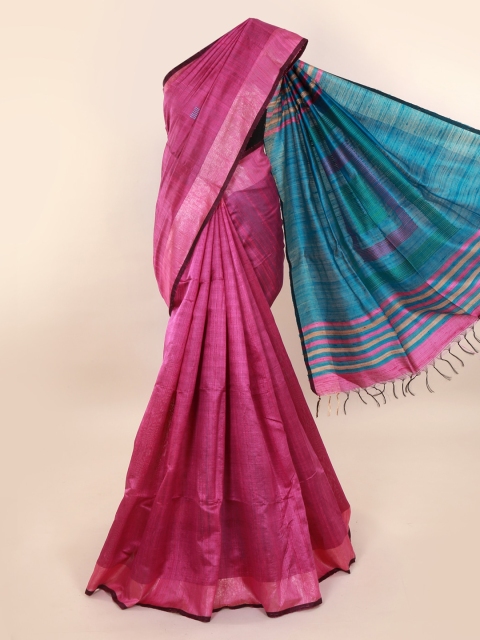 

Pothys Magenta & Blue Jute Silk Solid Saree