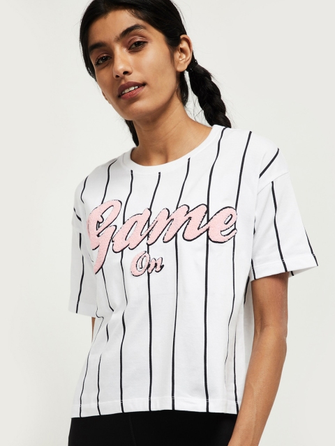 

max Women White & Black Striped Round Neck Cotton T-shirt