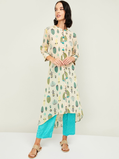 

Melange by Lifestyle Women Beige & Blue Printed Kurta with Trousers