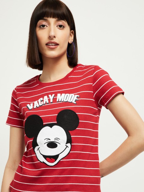 

max Women Red & White Mickey Mouse Printed Round Neck T-shirt