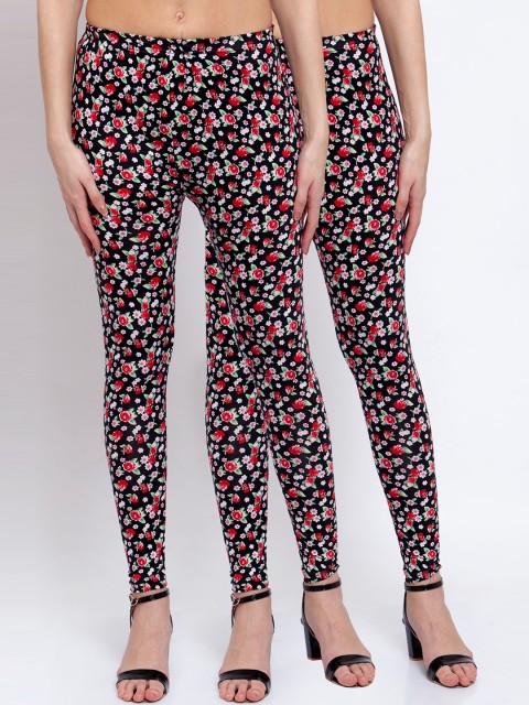 

KLOTTHE Women Pack of 2 Black & Red Printed Ankle-Length Leggings