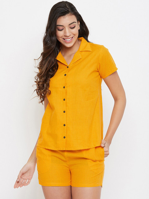 

Clovia Women Yellow & Red Checked Night Suit