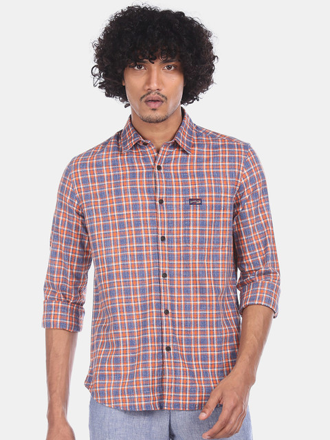

U.S. Polo Assn. Men Orange & Navy Blue Regular Fit Checked Casual Shirt