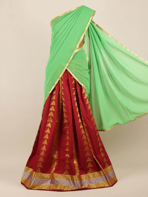 

Pothys Green & Maroon Poly Chiffon Woven Design Half Saree