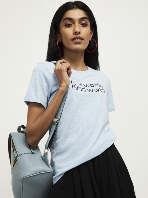

max Women Blue Printed Round Neck T-shirt