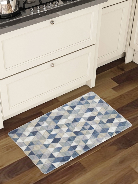 

OBSESSIONS Beige & Blue Geometric Printed Anti-Skid Kitchen Floor Mat