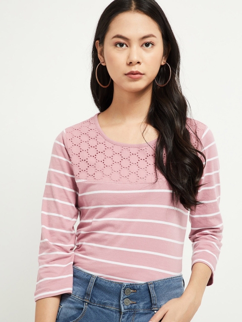 

max Women Pink & White Striped Round Neck T-shirt