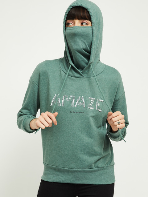 

max Women Green & Off-White Printed Hooded Sweatshirt