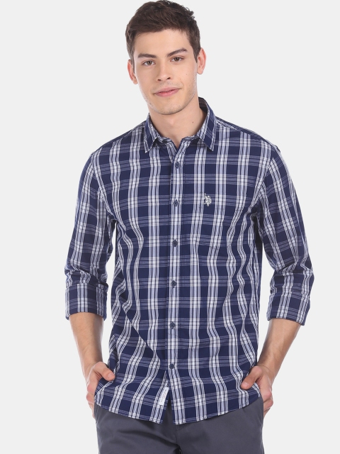 

U.S. Polo Assn. Men Navy Blue & White Regular Fit Checked Cotton Casual Shirt