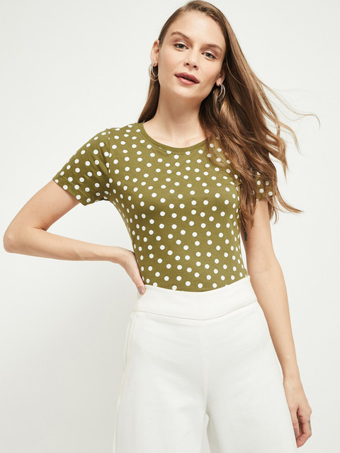 

max Women Olive Green Printed Round Neck Pure Cotton T-shirt