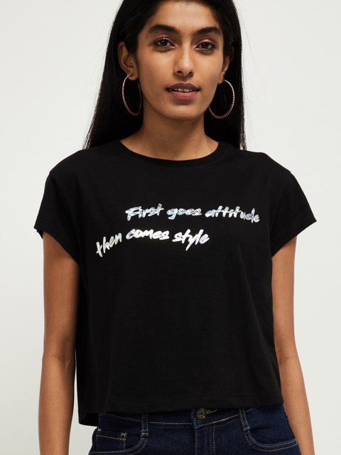 

max Women Black Printed Round Neck Cotton T-shirt