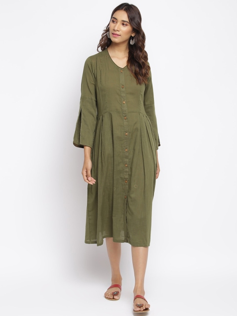 

TJORI Women Olive Green Solid A-Line Dress