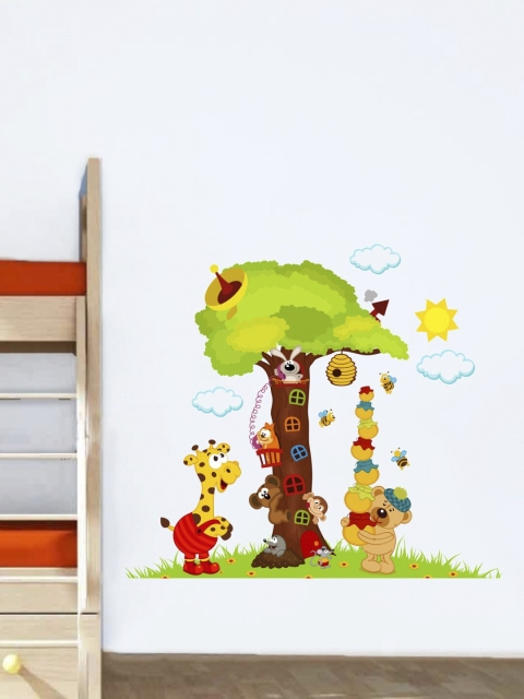 

rawpockets Green & Brown Big Tree And Animals Cartoon Vinyl Wall Sticker